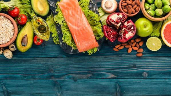 fish, fruit, nuts and pulses